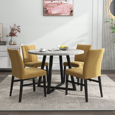Ensemble de salle à manger 5 pièces Roundhill Furniture, table ronde à tréteaux et 4 chaises rembourrées, gris et jaune