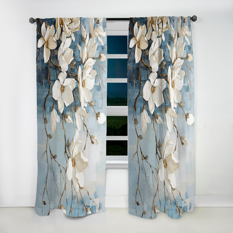 Dajane Blue And Gold Painted Magnolias VI - Traditional Curtain - Velvet Room Darkening - 1 panel, 52" W x 63" L
