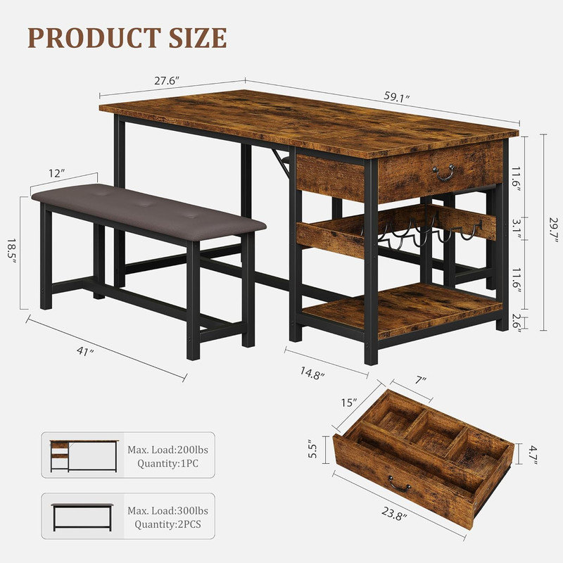 Ensemble de table de salle à manger pour 4 personnes avec bancs rembourrés - Table de salle à manger avec tiroirs de rangement et support à vin, idéale pour les petits espaces