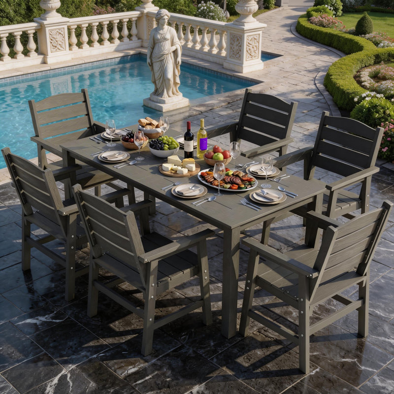 All Weather Outdoor Table and Chairs 7 Pieces Patio Dining Sets Outside Furniture With Umbrella Hole& Aluminum Frame HIPS Modern Patio Dining Set for 6 Person For Outside Backyard/Porch/Deck, 1-Table 6-Chairs, Gray