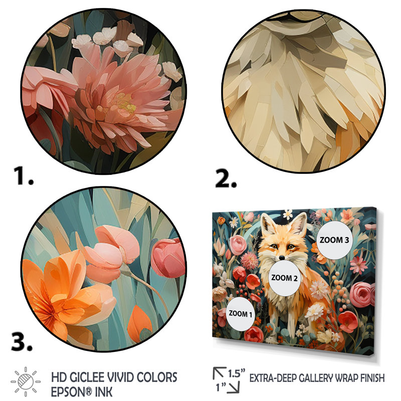 Art mural orange et rose renard dans le style III - renard, Cadre flottant doré, H 24 po x l 32 po x P 1 po