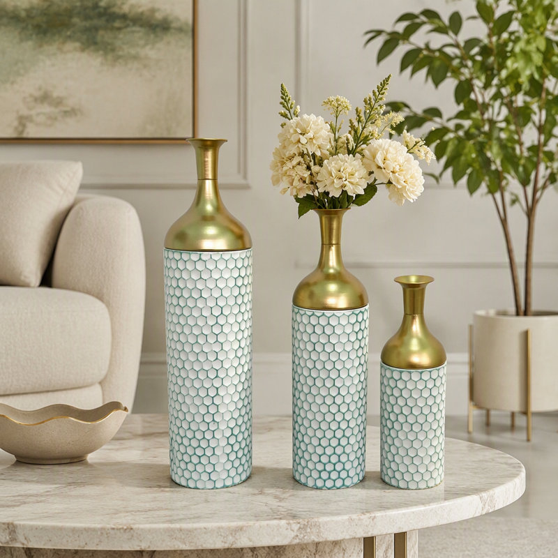 Decorative Metal Vases Set of 3 Leaf Pattern Floor Vases Tall Cylindrical Honeycomb Texture Living Room Entryway