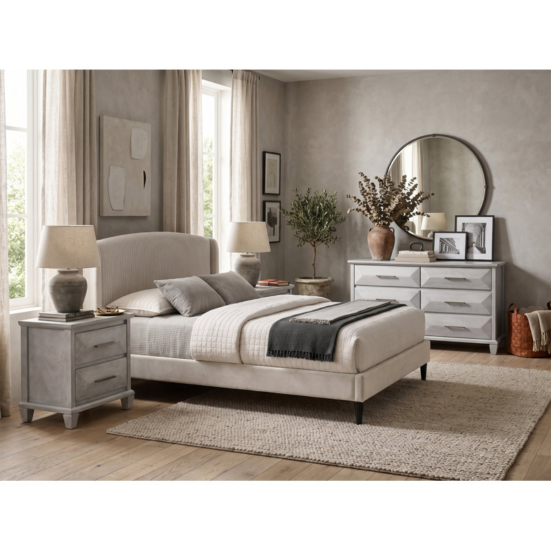 Jolande Contemporary 4 Pieces Bedroom Set, 4 Pcs: Bed, Dresser, 2 Nightstands, Queen