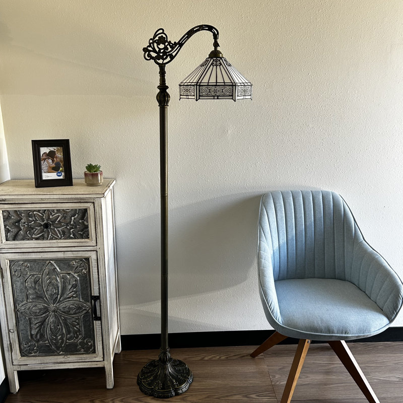 Tonsey Tiffany Floor Lamp White Stained Glass Hexagon LED Bulb Included Gooseneck Adjustable H63"