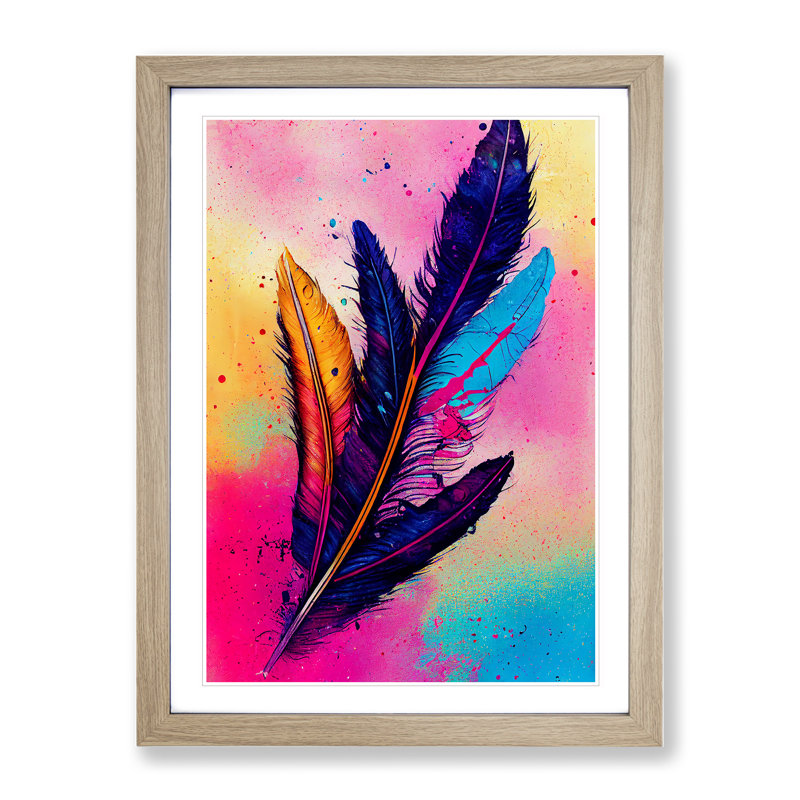 XV1022-3159X Paint Drip Feathers No.4 - Single Picture Frame Print, 34cm H x 25cm W x 2cm D, Oak
