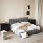 Ensemble de chambre à coucher 3 pièces, lit plateforme tapissier avec tissu épais et 2 tables de chevet avec 2 tiroirs et plateau de table en marbre-479417892