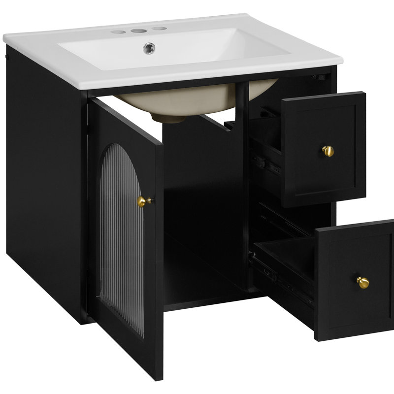 Meuble-lavabo mural avec mesures de 24 po, lavabo en céramique, tiroirs de rangement, esthétique moderne, surface imperméable, compatibilité du robinet, poignée élégante pour les salles de bain à espace limité, design,