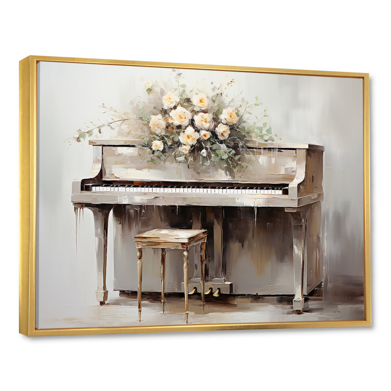 Blanc, piano floral intemporel - musique, art mural, Cadre flottant doré, H 16 po x l 32 po x P 1 po