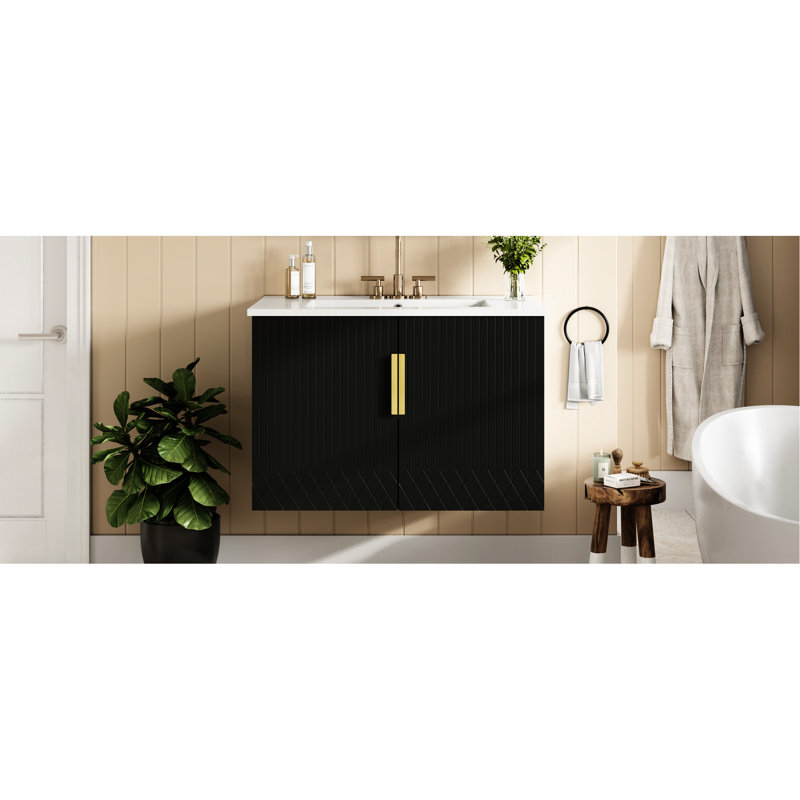 Meuble-lavabo de 30 po, lavabo simple en céramique à 3 trous, rangement spacieux, tablette réglable, finition grattée, lavabo mural pour salle de bain moderne, surface de porte à deux trous, conception