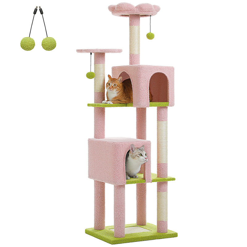 Arbre à chat inférieur pour chats d'intérieur, tour pour chat à plusieurs niveaux de 62 po avec 2 condos spacieux, patin à griffer, 4 poteaux à griffer, 2 perchoirs supérieurs, 2 pompons