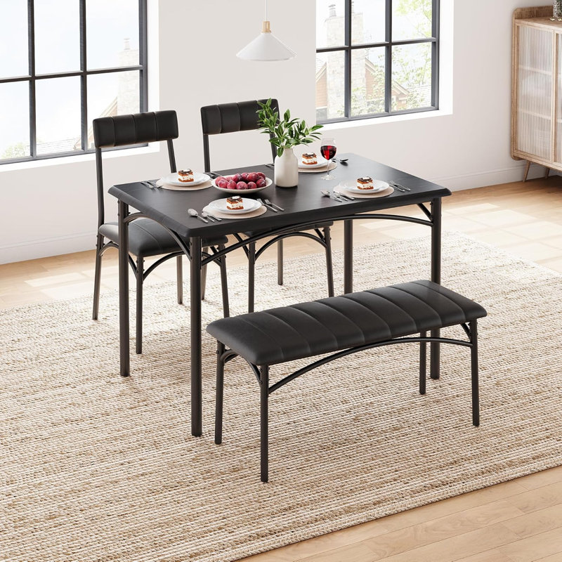 4-Piece Dining Set for 4, Rectangular Table with Upholstered Bench & 2 Chairs, Metal Frame, Black