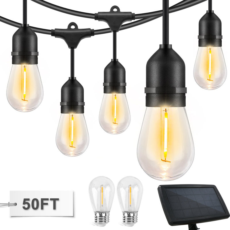50' Black Solar Powered Outdoor String Lights with Warm White LED Bulbs