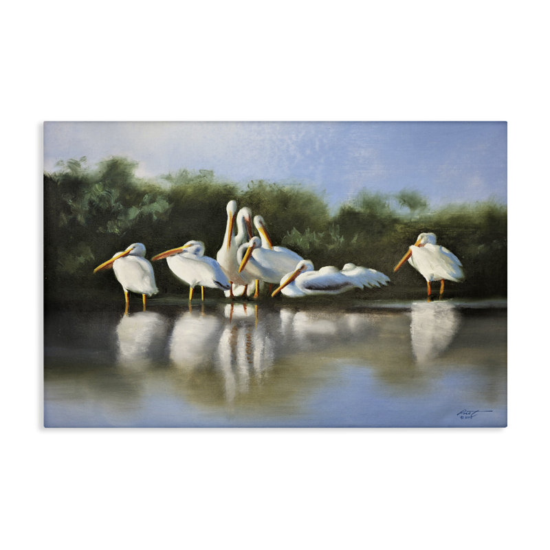 «White Pelicans Flock», art mural sur toile par D. Rust, H 30 po x l 45 po
