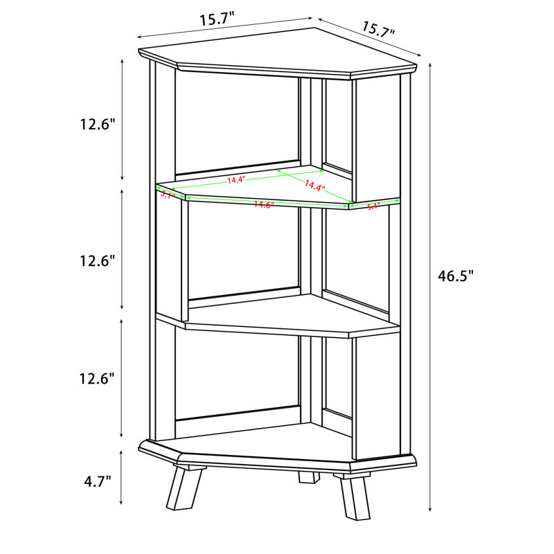 Solid Wood Corner Bookcase, (3 Shelves) 118.1cm H x 39.9cm W x 39.9cm D, White
