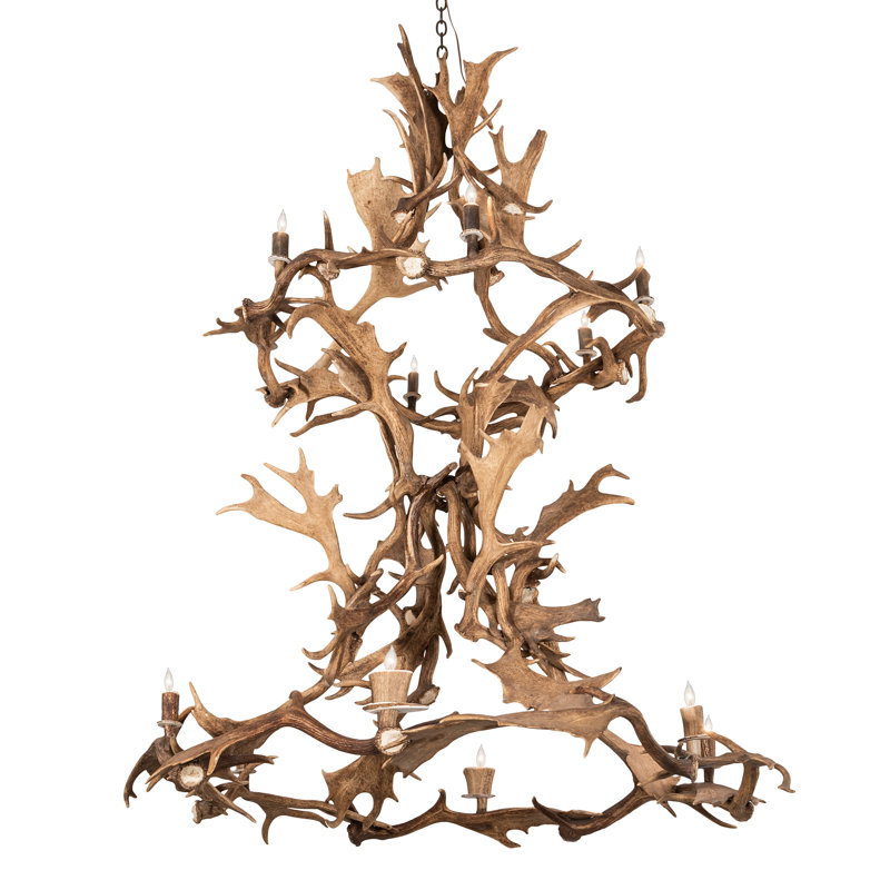 Lustre géométrique unique à 12 lumières avec détails de bois de cerf