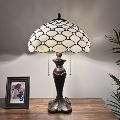 Hall Tiffany Table Lamp White Stained Glass Pull Chain Switches LED Bulbs Included 16'W*16"D*24"H