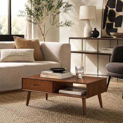 39"W Solid Oak Mid-Century Modern Coffee Table with Drawer
