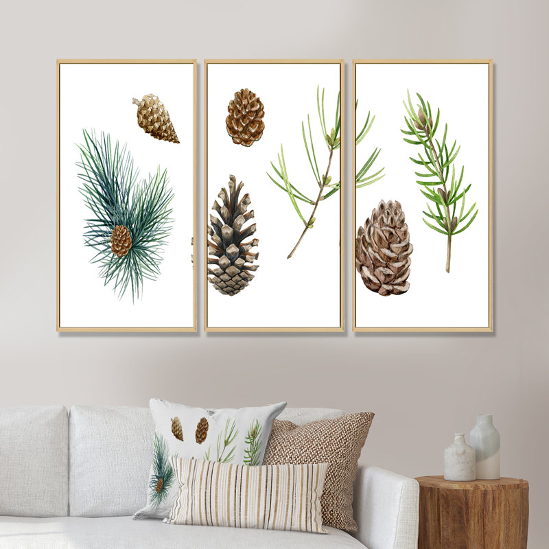 Ensemble de 3 branches de pin avec cadre flottant, impression sur toile, L 36 po x H 28 po, Cadre brun