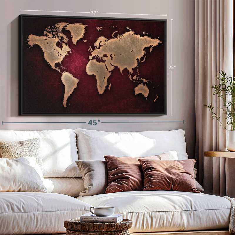 «Maroon World Map Wall Art», H 25 po x l 37 po