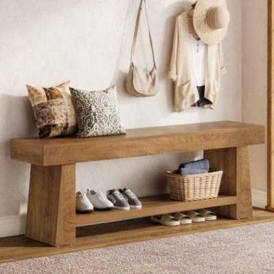 63" Wooden Entryway Bench With Shoe Storage, Farmhouse Indoor Bench With Open Shelves For Hallway Foyer