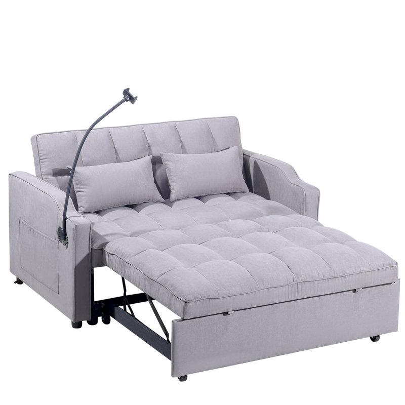 1 canapé-lit pliable multifonctionnel avec 3 longueurs différentes, canapé moderne, tissu en suède amélioré, dossier réglable, couleur grise avec port USB et support de téléphone rotatif