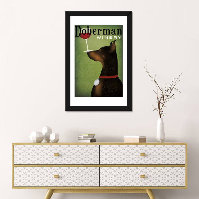 Doberman winery, impression sur toile tendue, L 24 po x H 32 po x P 1 po, Papier beaux-arts encadré noir, Blanc