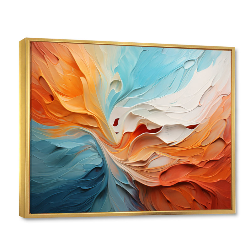 Teal Orange Bold Abstract Flow Collage I - Dams, art mural, Cadre flottant doré, H 16 po x l 32 po x P 1 po