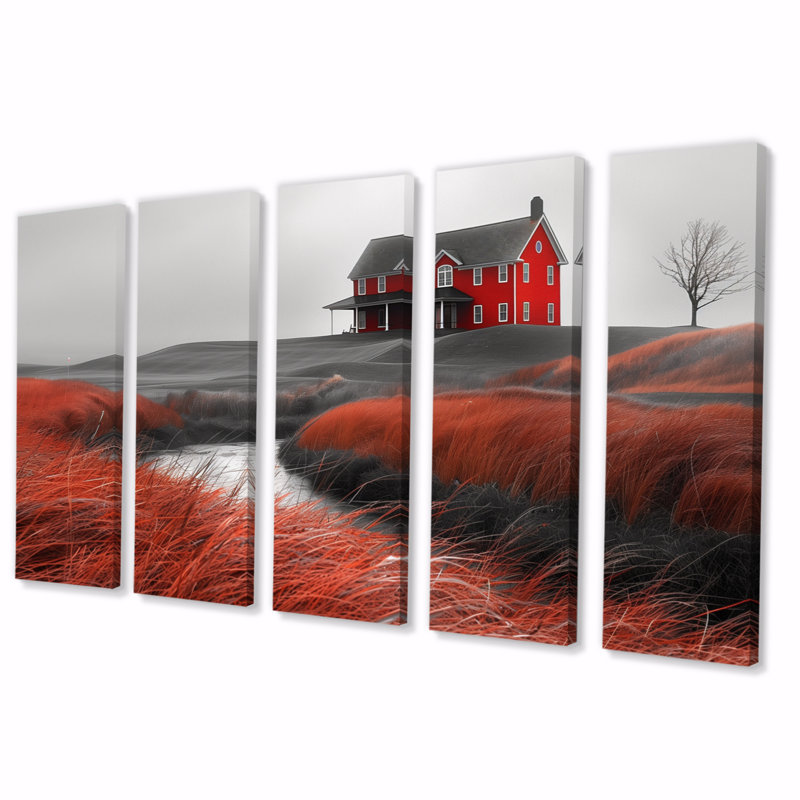 «Red Gray Autumn Country Home Charm I», ensemble d'art mural en toile de grange, H 28 po x l 60 po