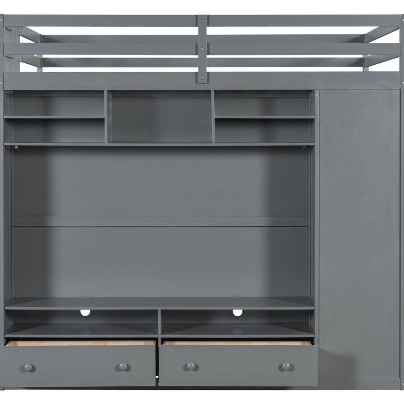 Lit mezzanine gris pleine grandeur avec tiroirs, tablettes, rangement caché et bande à DEL télécommandée pour l'organisation de la chambre à coucher avec éclairage de style compartiment