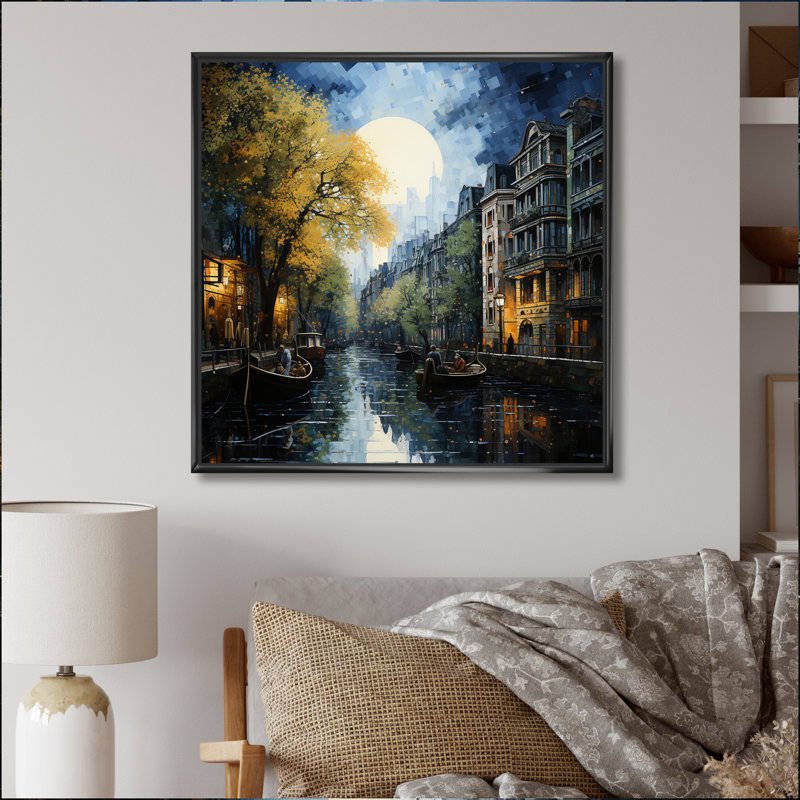 Canal vert, canal dramatique, pointillisme, Cadre flottant noir, H 36 po x l 36 po x P 1,5 po