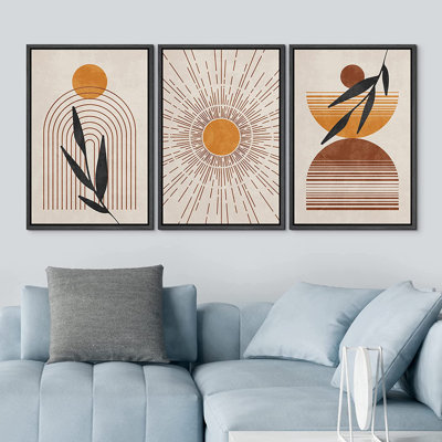 «Mid Century Modern Boho Geometric Shining Sun Polygon Abstract», ensemble de 3 impressions sur toile flottante