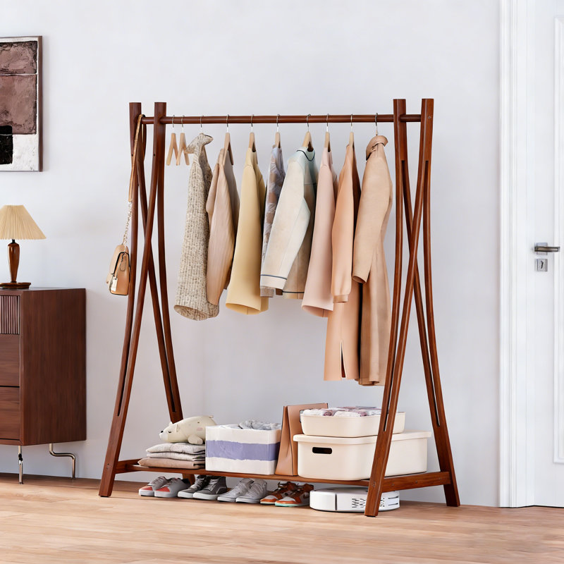 Portant à vêtements en bois avec étagère de rangement, l 52 po x H 57 po, Bois de chêne