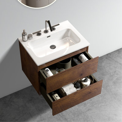 Meuble-lavabo de salle de bain noyer 24 po avec lavabo en céramique