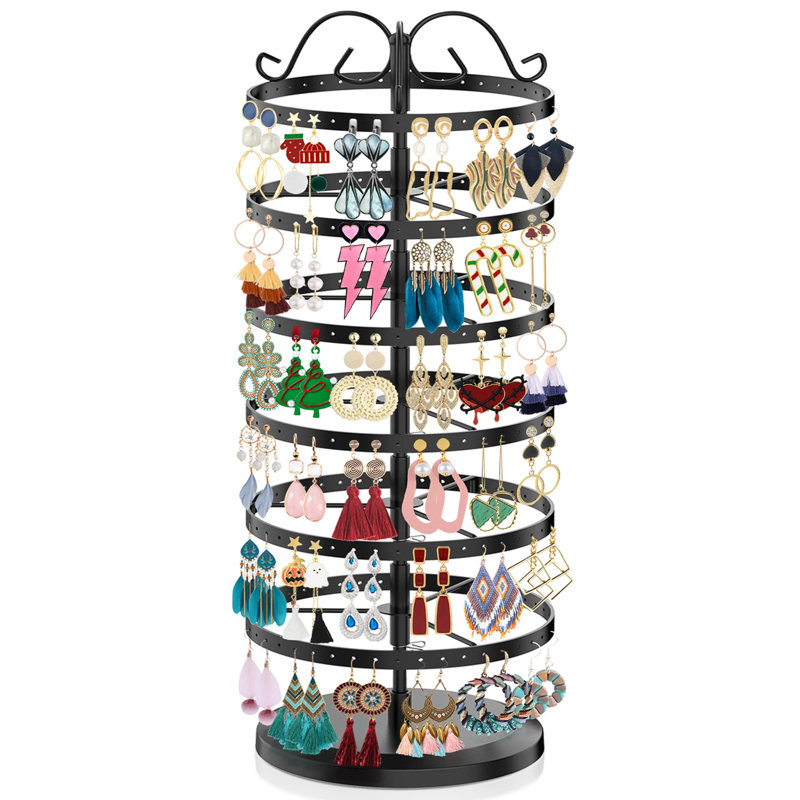 Organisateur de porte-boucle d'oreille rotatif en métal à 6 niveaux, support pour arbre de présentation de boucles d'oreilles à 264 trous, tour de boucle d'oreille réglable (noir)