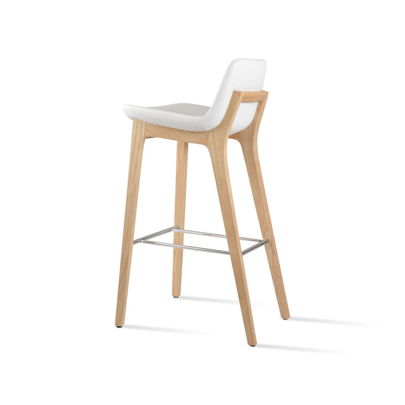 Tabouret de bar et de comptoir en bois de frêne naturel Pera, Similicuir blanc