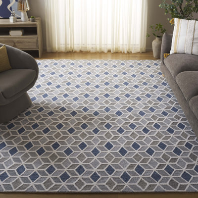 Tapis géométrique en laine / coton touffeté à la main ébène ivoire / bleu