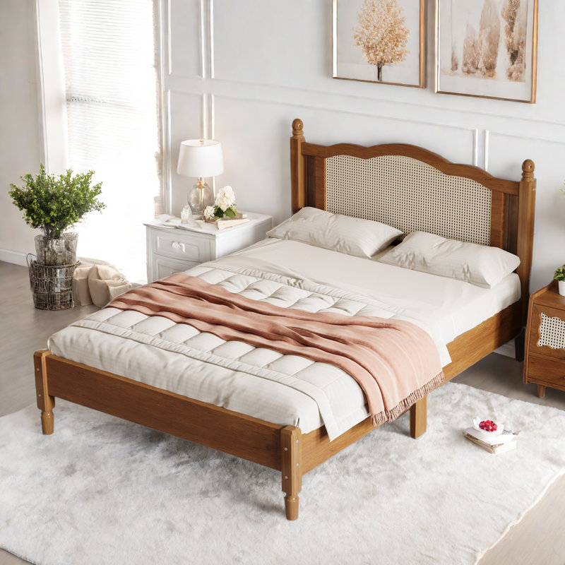Bohemian Wooden Platform Bed With Natural Rattan Headboard And Arc Design, Walnut, Full