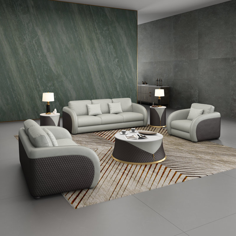 Noir 3 - Piece Living Room Set, Gray/Chocolate Genuine Leather