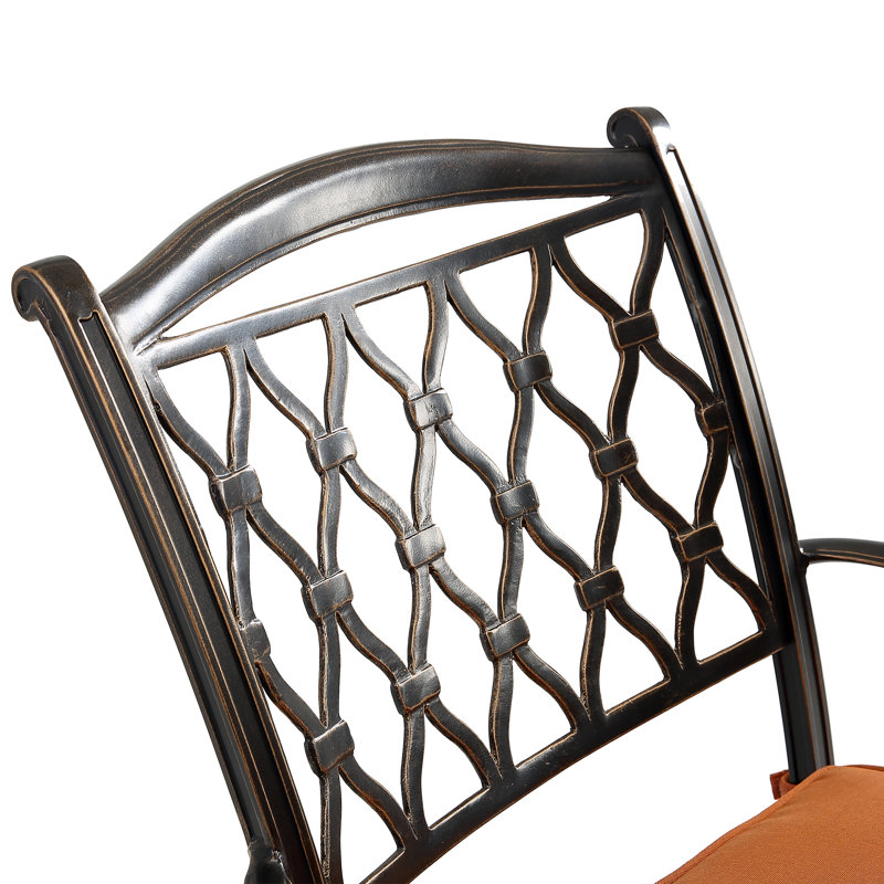 Ensemble de bar de salle à manger 7 pièces en fonte d'aluminium avec table ronde et chaises à dossier courbé en losange