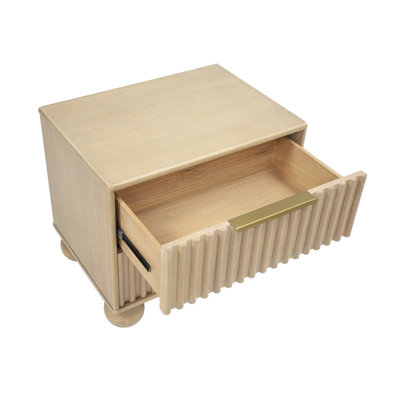 Table de chevet contemporaine à 2 tiroirs, panneaux cannelés, pieds arrondis, bois de chêne et matériaux en bois d'hévéa, convient au décor de la chambre à coucher, l 25 po x P 18 po x H 22 po, table de chevet de 48 lb, détail, chignon