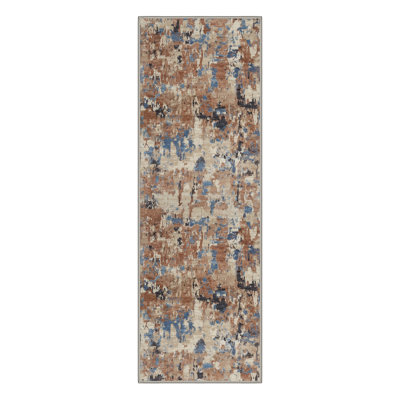 Aura Abstract Machine Washable Blue / Beige / Brown Indoor Area Rug with Non-Slip Backing
