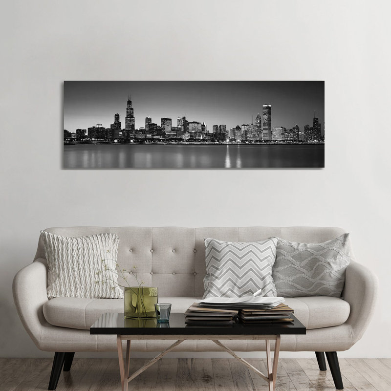 Dusk, Skyline, Chicago, Illinois, USA BW Black And White by Panoramic Images - Wrapped Canvas Print, 182.88 cm H x 60.96 cm W