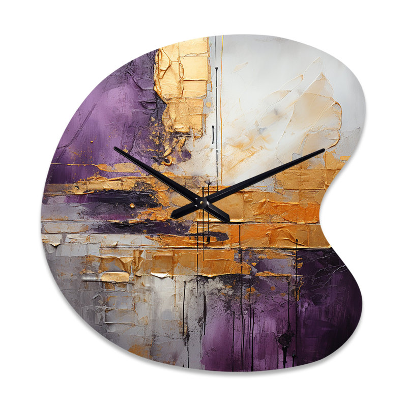 Gold Purple Abstract Fractal III - Drop Shape Large Gold Wall Clock Sculpture, Small