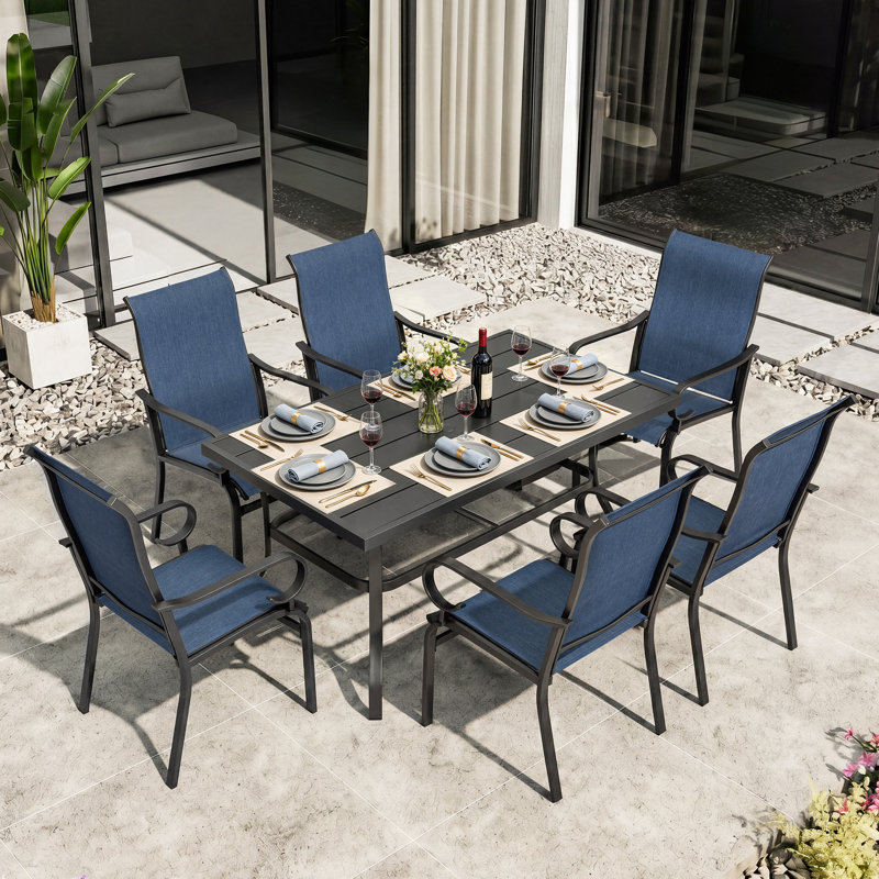 Ensemble de salle à manger 7 pièces avec trou pour parasol et tissu respirant Haughton, 7 Pieces: Table, 6 Fixed Chairs