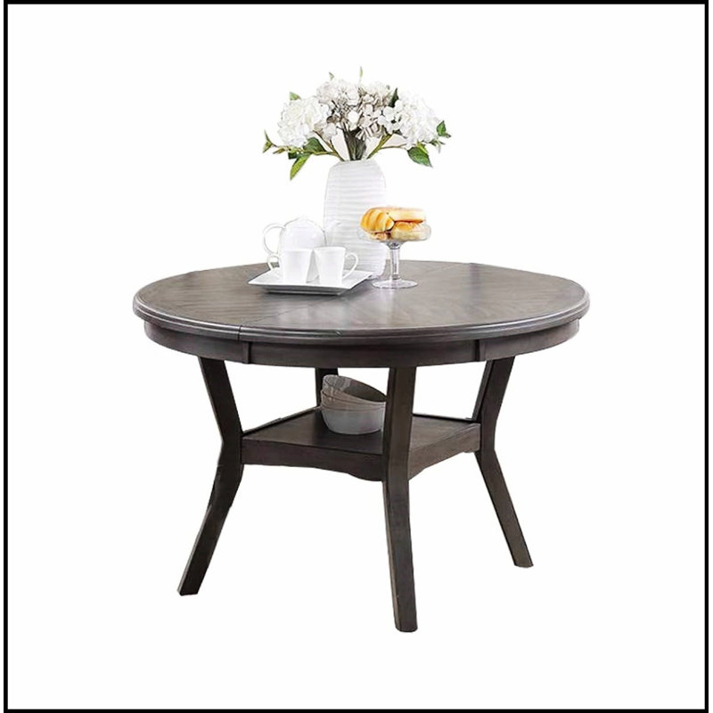 Table de salle à manger ronde contemporaine avec tablette intégrée, fabrication en bois d'hévéa durable et en panneau de fibres à densité moyenne pour les maisons modernes