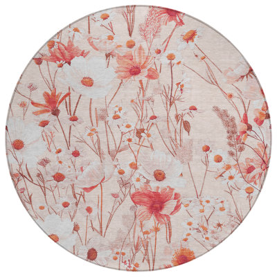 8' Salmon And Coral Round Floral Washable Indoor Outdoor Area Rug