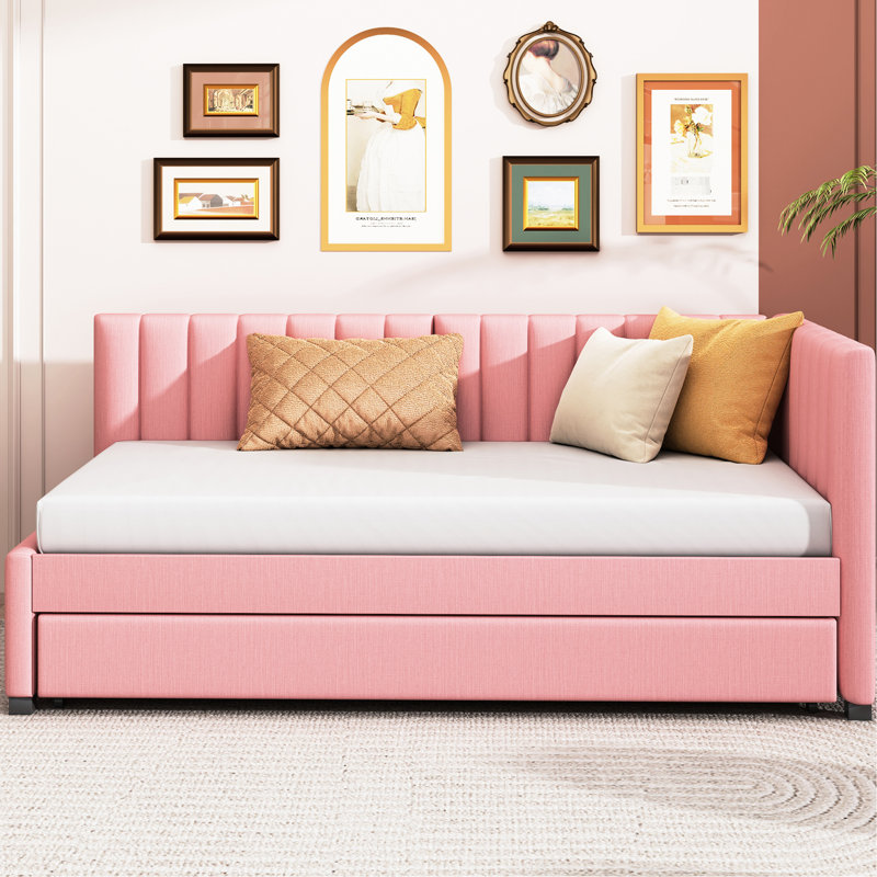Lit de jour rembourré en tissu de lin avec lit gigogne simple, rose, sans sommier tapissier, Rose
