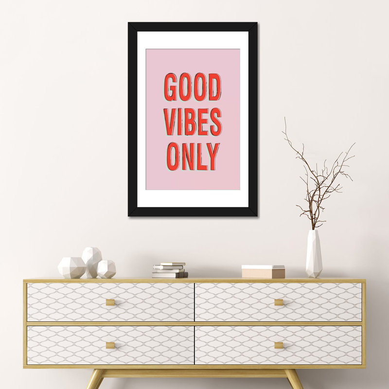 «Good Vibes Only», art textuel sur toile, H 24 po x l 16 po x P 1 po, Papier d'art encadré noir, Blanc