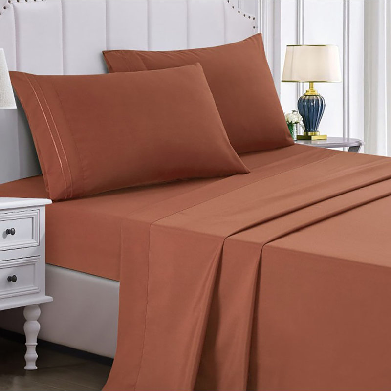 Sheet Set 2000 Embroidery Soft Cozy 14" Deep Pocket, King Sheet Set with Fitted Sheet + 2 Pillowcases, Spice