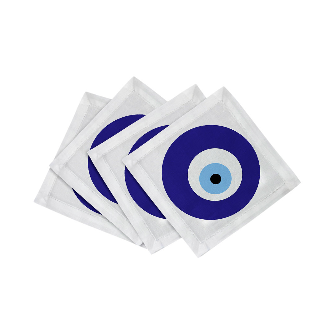 Evil Eye White Cotton Sateen Cocktail Napkins (Set of 4) Nicolette Mayer